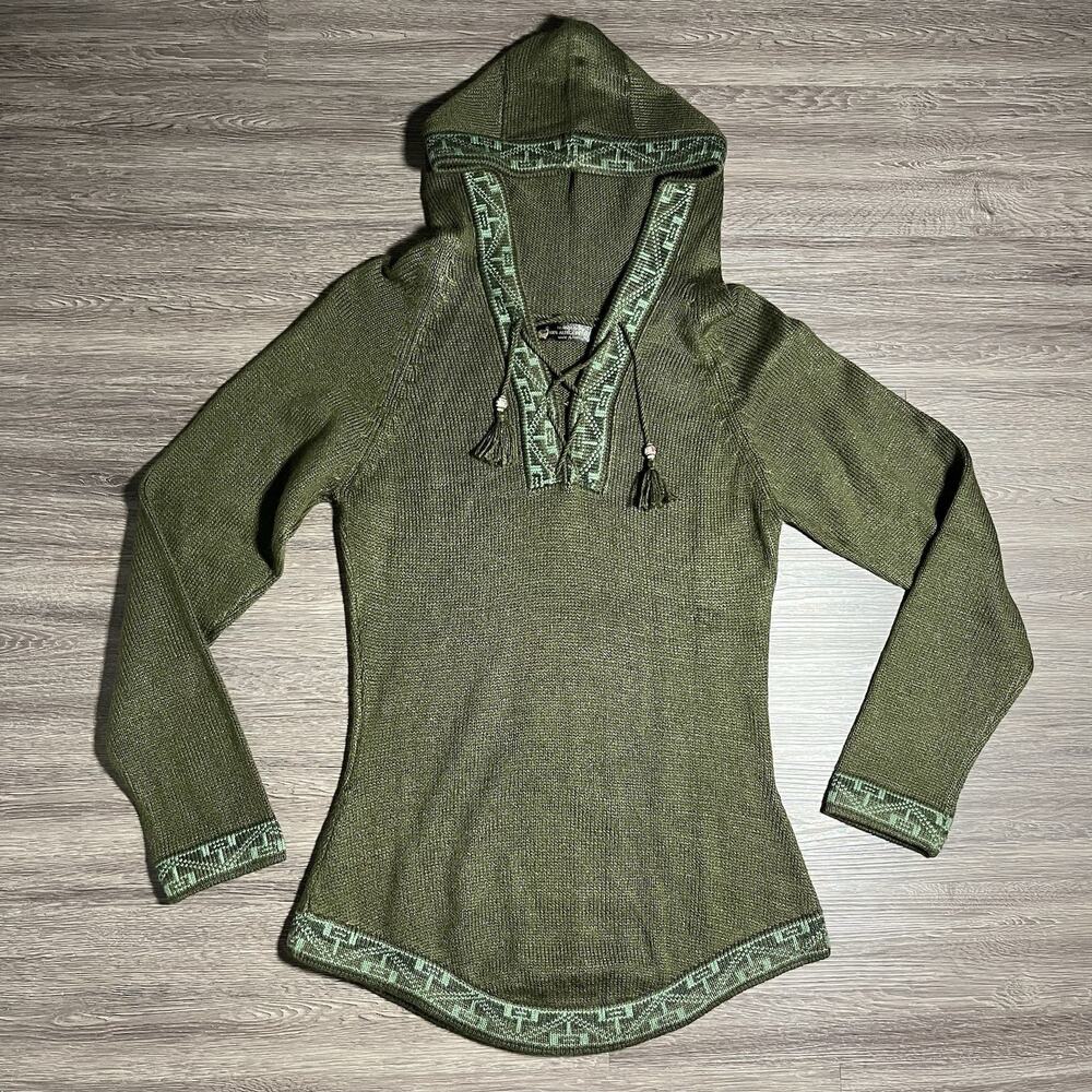 Tejidos Quiro 100% Alpaca Sweater Women's O/S Green Knit Hoodie Boho Peru EUC